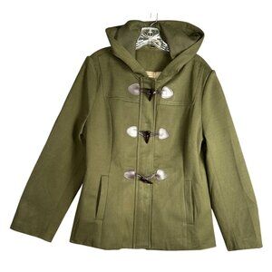Women’s Olive Green Hooded Duffle Coat Toggle Zip Jacket XL Academia Cottage